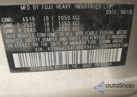 2015 Subaru Legacy 2.5I Premium from USA, damaged, VIN 4S3BNAC64F3069961